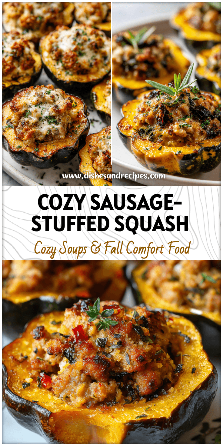 Golden roasted acorn squash halves stuffed with seasoned chicken sausage and herbs on a white plate.